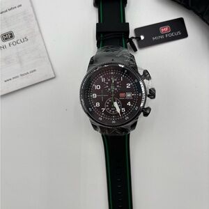 Mini Focus Men's Sport Watch Black‎ Green Silicone Band Chronograph